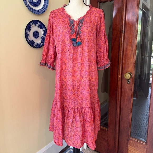 Odd Molly | Pink Floral Embroidered Boho Midi Dress with Tassel Tie, Size XL - Picture 3 of 9